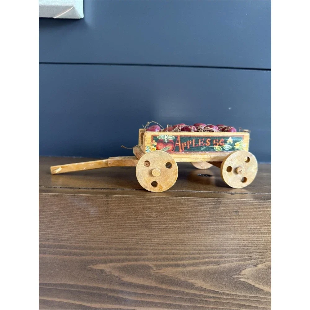 1980s Wooden Apple Wagon Cart Apples 5¢ Farmhouse Kitchen Decor Mini